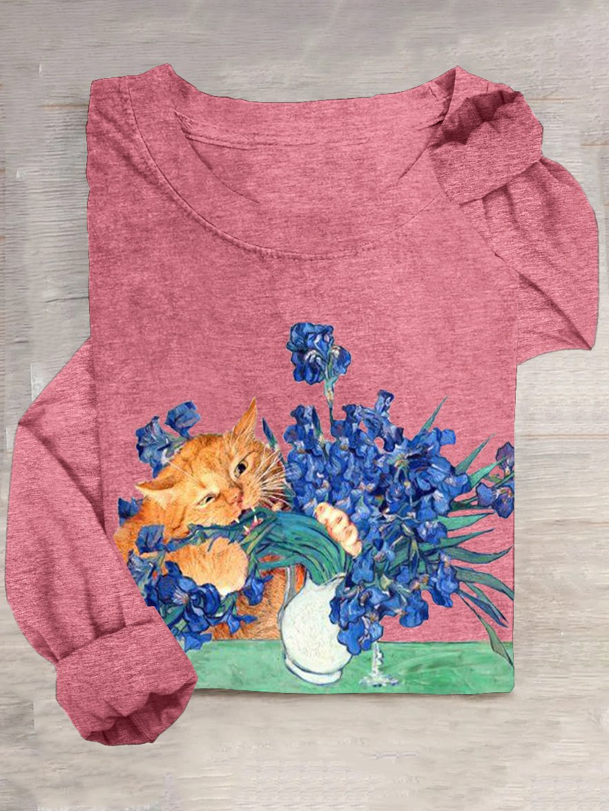 Lässig Geblümt und Katze Rundhals T-Shirt