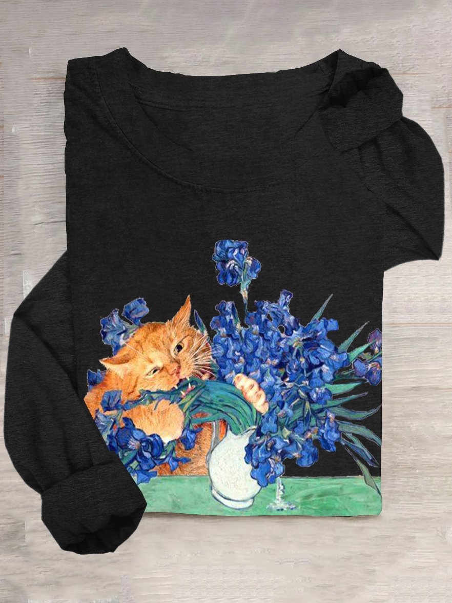 Lässig Geblümt und Katze Rundhals T-Shirt