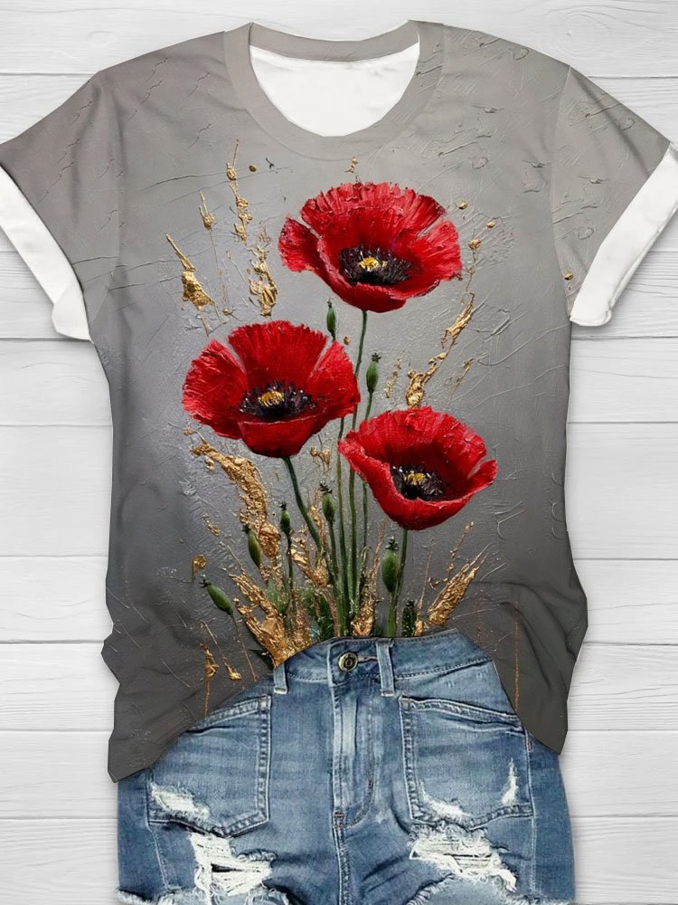 Blumenmuster Rundhals Lässig T-Shirt