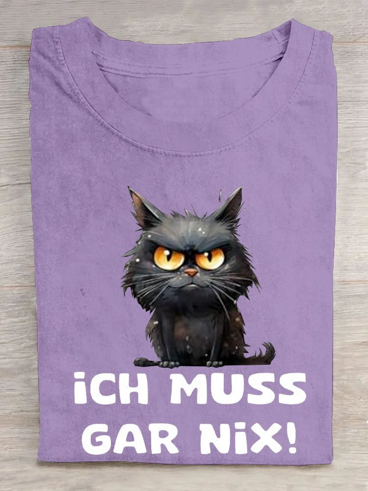 Katze Text Buchstabe Print Rundhals Lässig T-Shirt