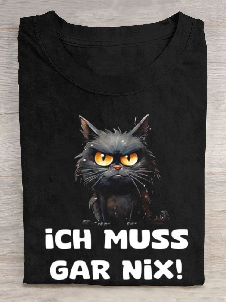 Katze Text Buchstabe Print Rundhals Lässig T-Shirt