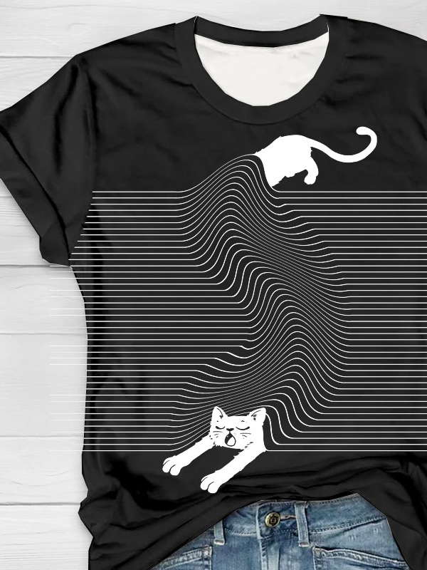 Abstrakt Lustig Katze Print Rundhals T-Shirt