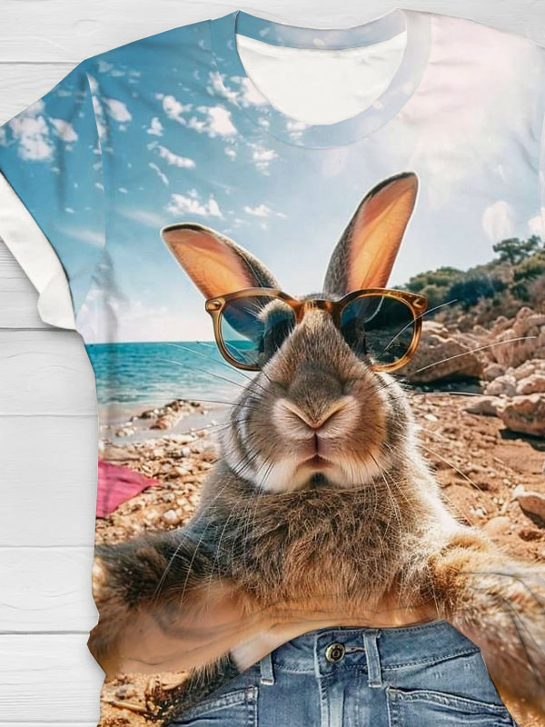 Lustig Hase Strand Selfie Print Rundhals T-Shirt