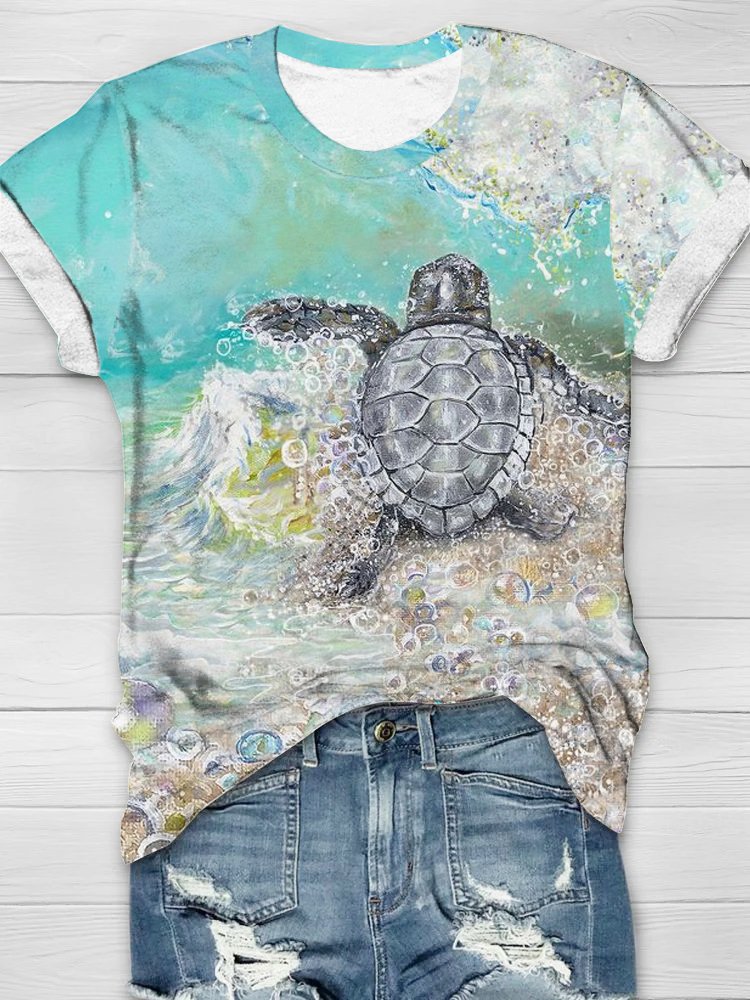 Jersey Rundhals Lässig Schildkröte T-Shirt