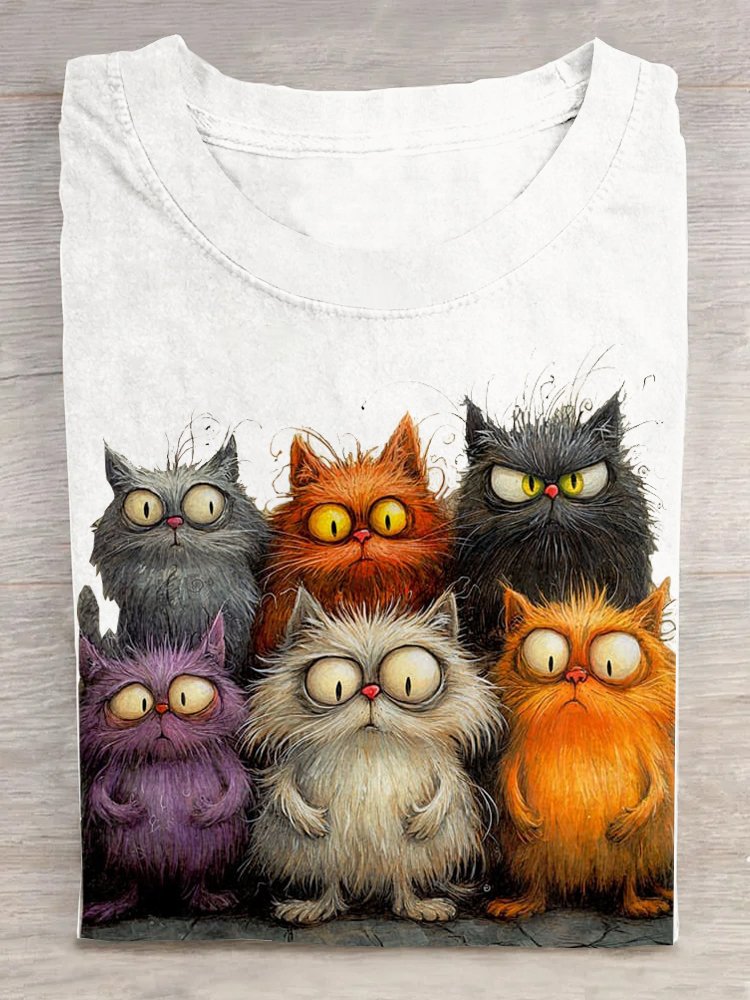 Weit Katze Rundhals Lässig T-Shirt