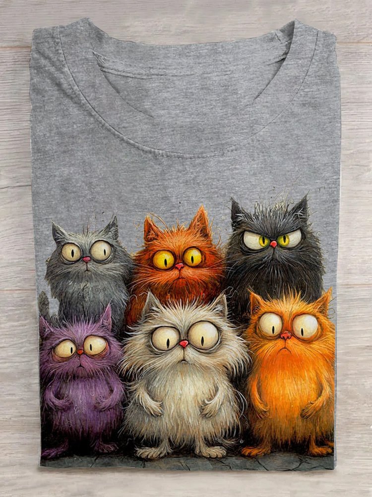 Weit Katze Rundhals Lässig T-Shirt