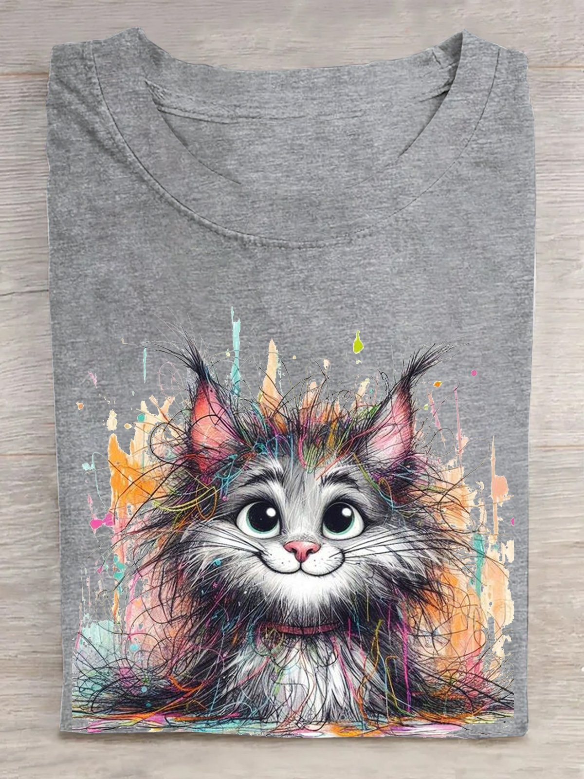 Baumwolle Lässig Katze Weit T-Shirt