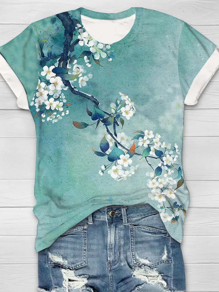 Pflaume Blüte Blume Print Rundhals T-Shirt