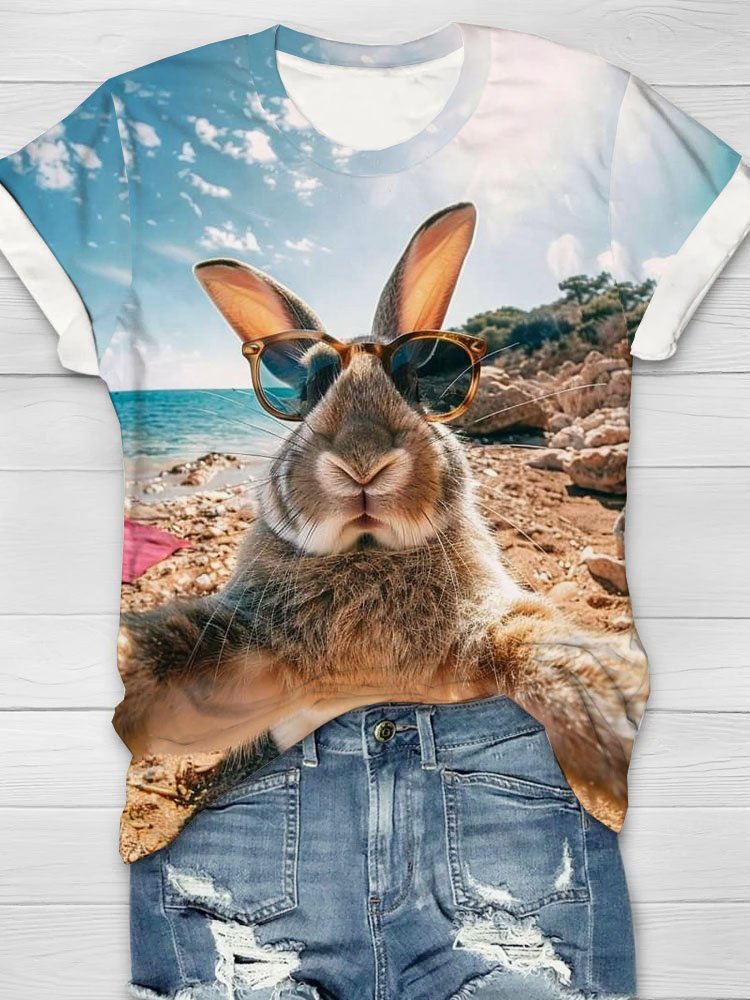 Lustig Hase Strand Selfie Print Rundhals T-Shirt