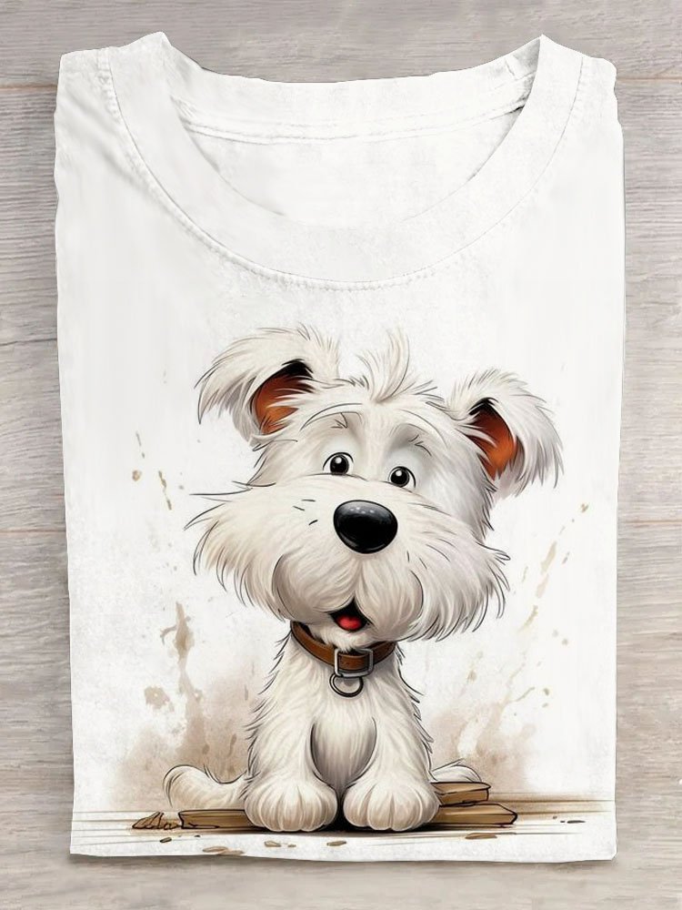 Weiß Hündchen Print Rundhals T-Shirt