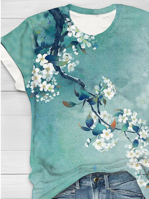 Pflaume Blüte Blume Print Rundhals T-Shirt