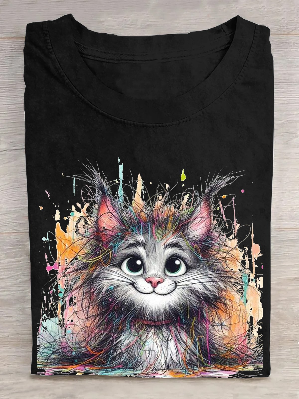 Baumwolle Lässig Katze Weit T-Shirt