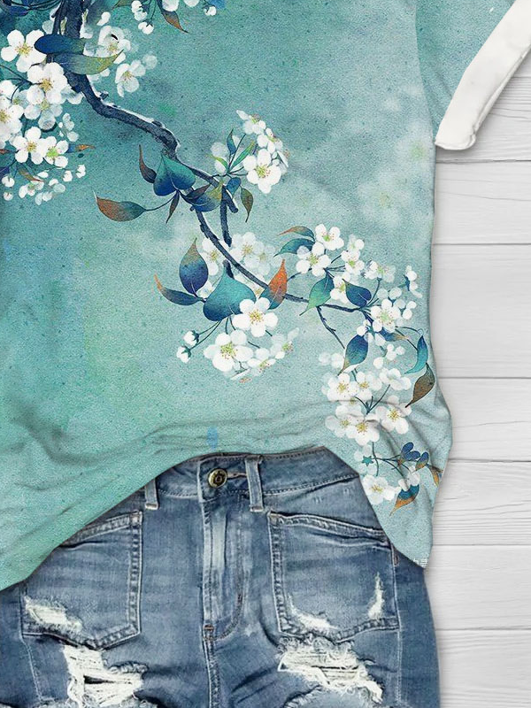 Pflaume Blüte Blume Print Rundhals T-Shirt