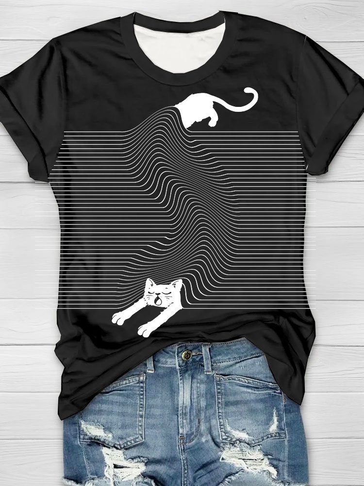 Abstrakt Lustig Katze Print Rundhals T-Shirt