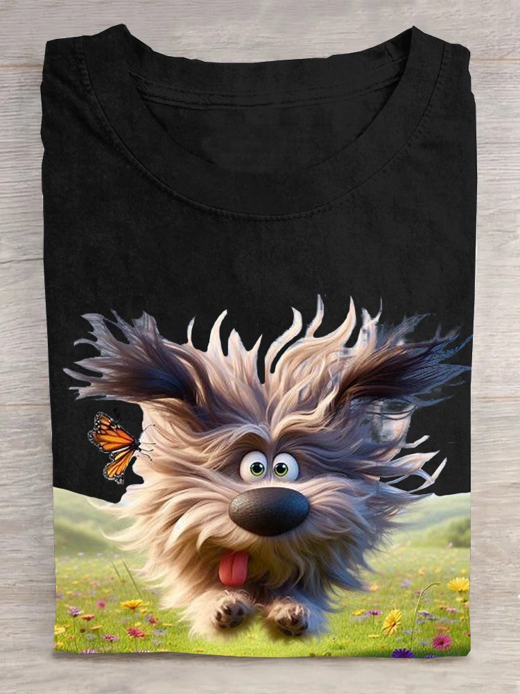 Lässig Baumwolle Hund Weit Rundhals T-Shirt