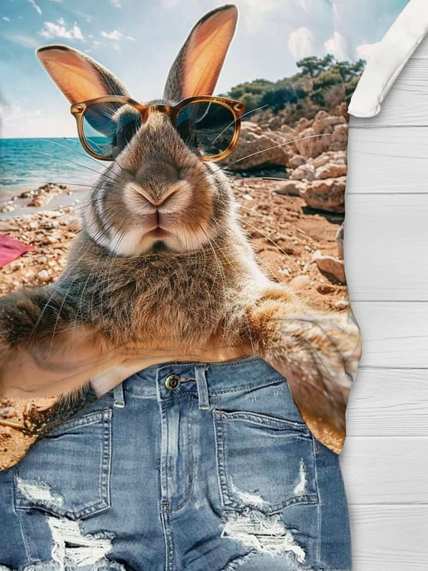 Lustig Hase Strand Selfie Print Rundhals T-Shirt