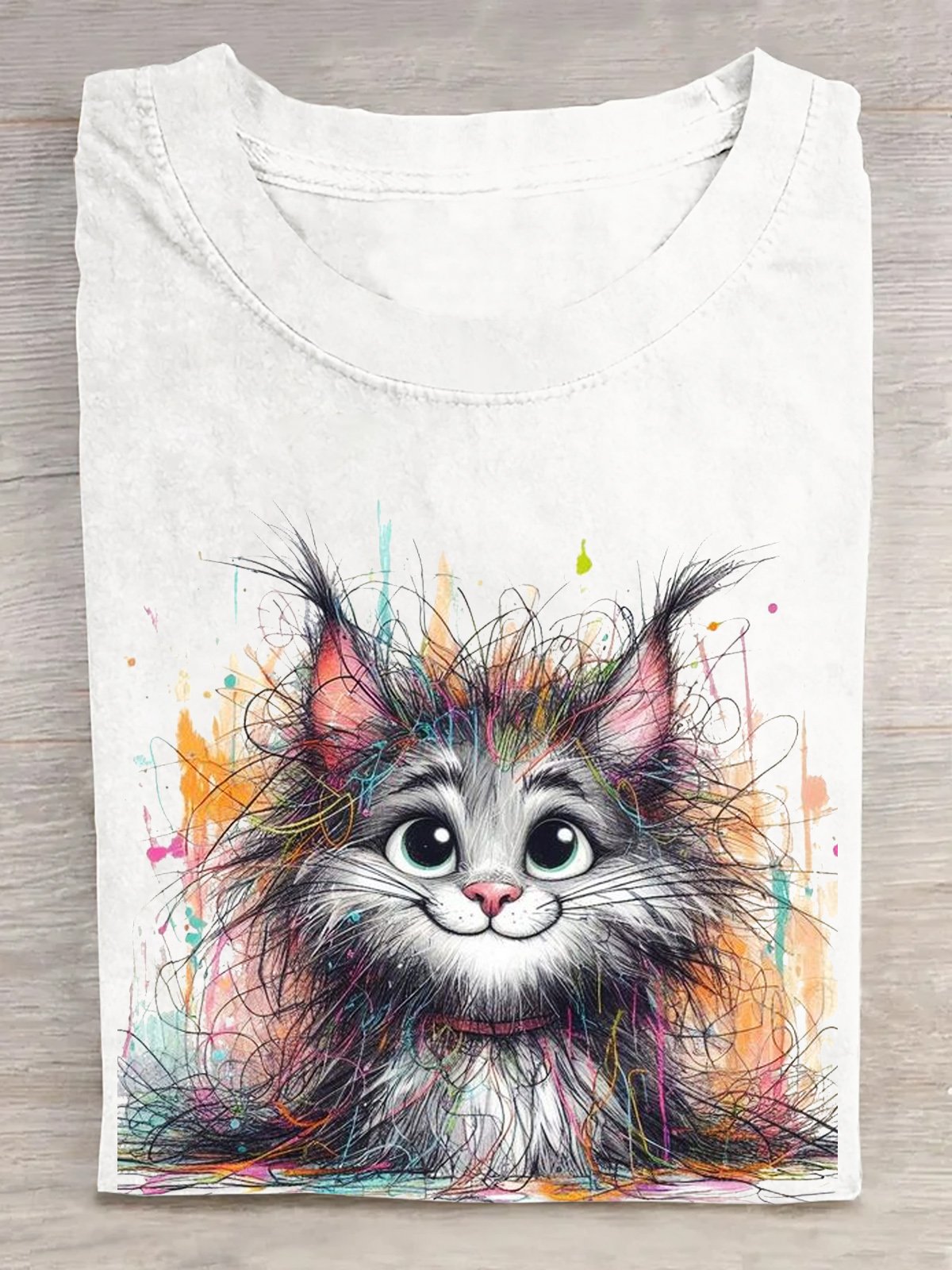 Baumwolle Lässig Katze Weit T-Shirt