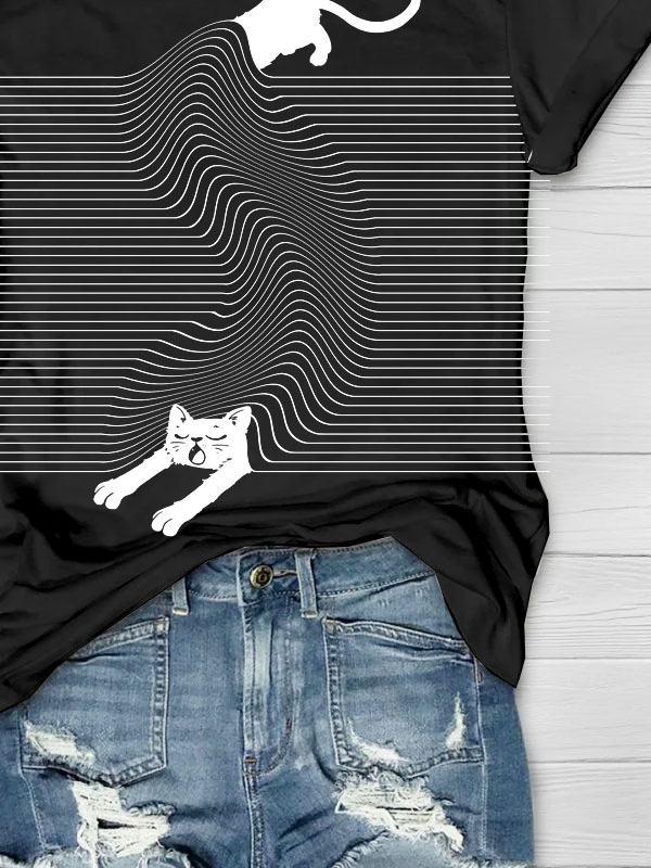 Abstrakt Lustig Katze Print Rundhals T-Shirt