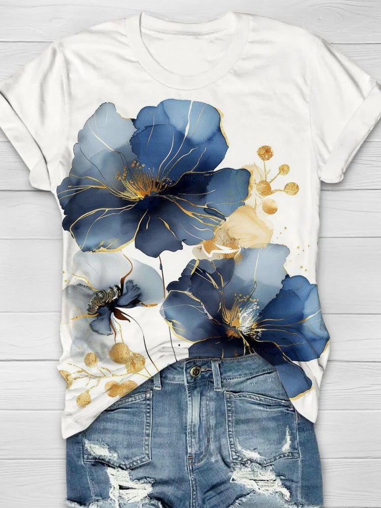 Blau Blumenmuster Rundhals Lässig T-Shirt