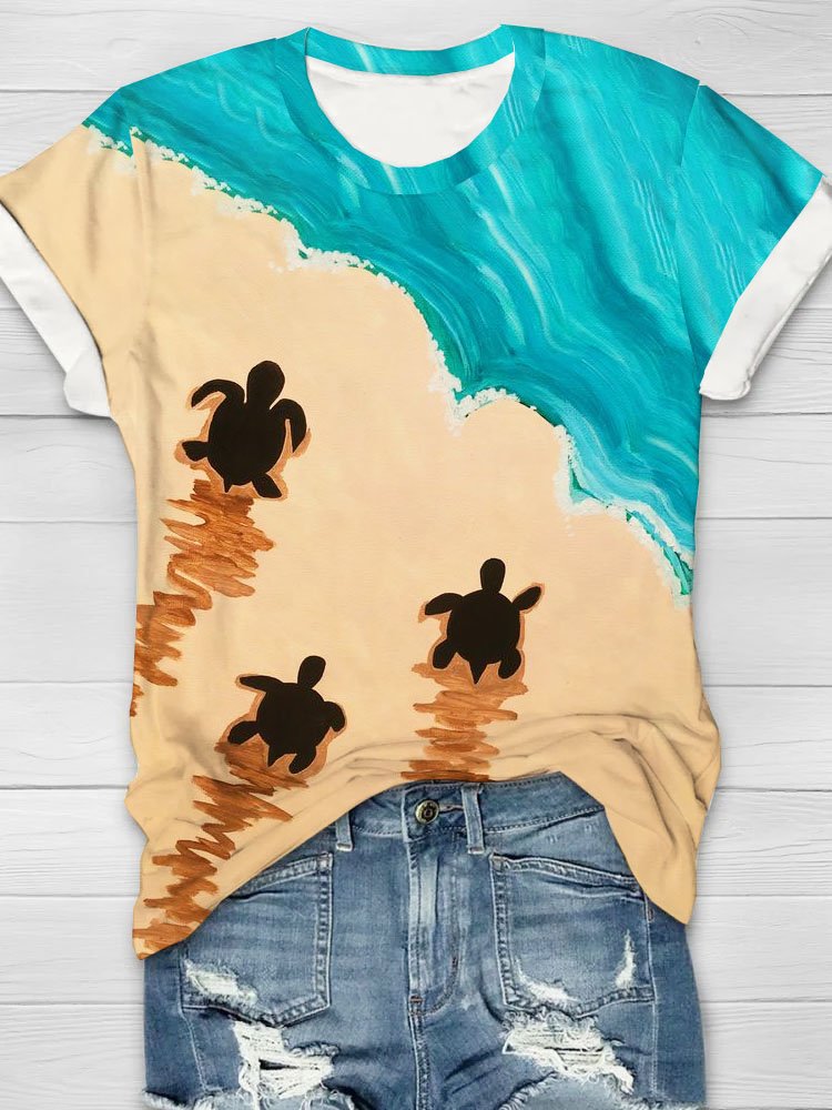 Strand Schildkröte Print Rundhals Lässig T-Shirt