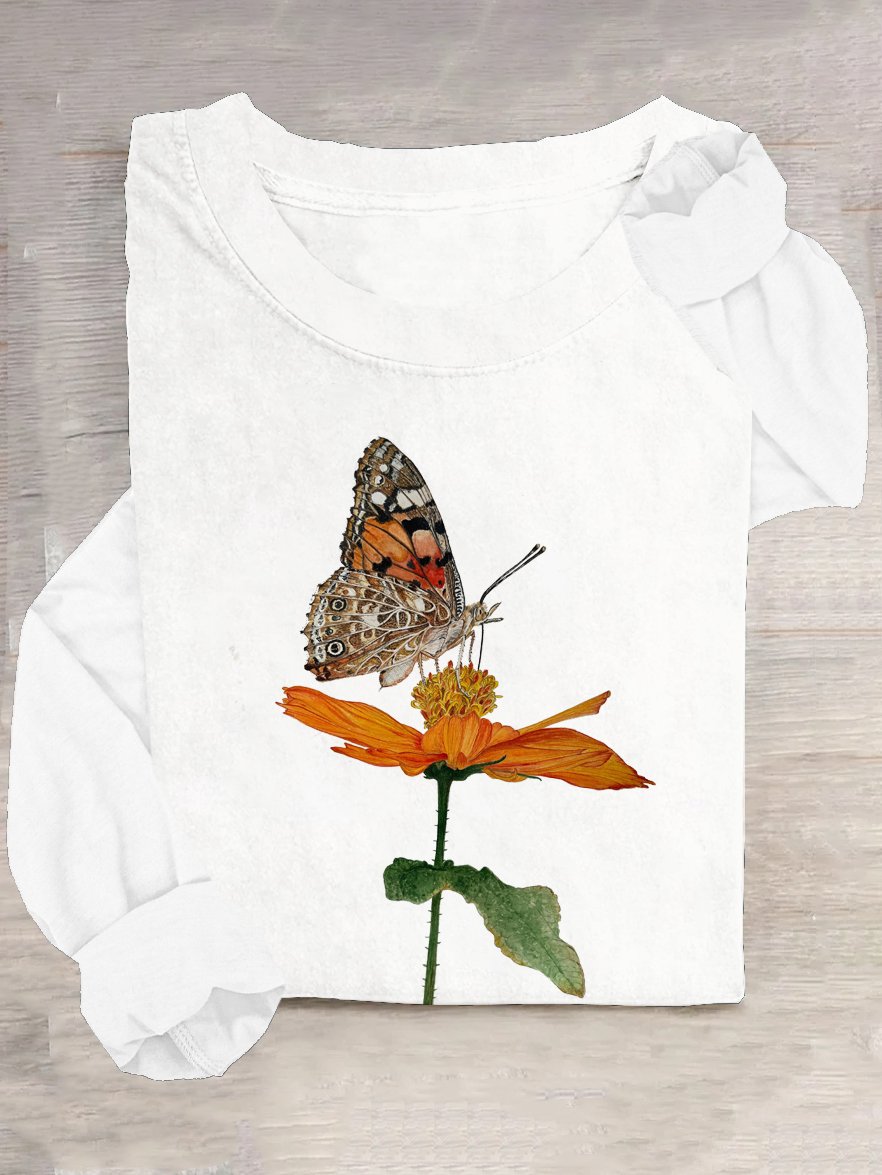 Geblümt und Schmetterling Rundhals Weit Lässig T-Shirt