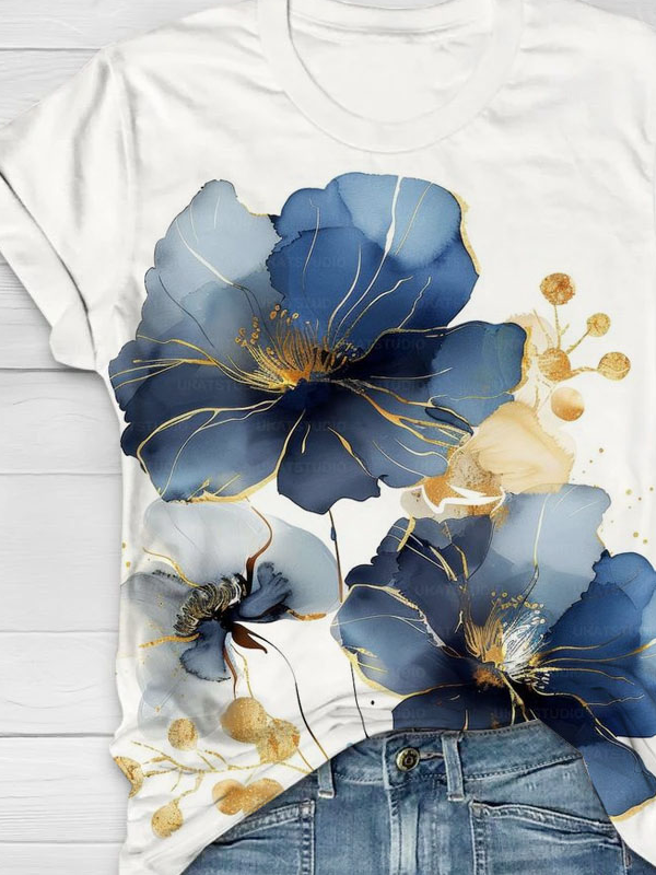 Blau Blumenmuster Rundhals Lässig T-Shirt