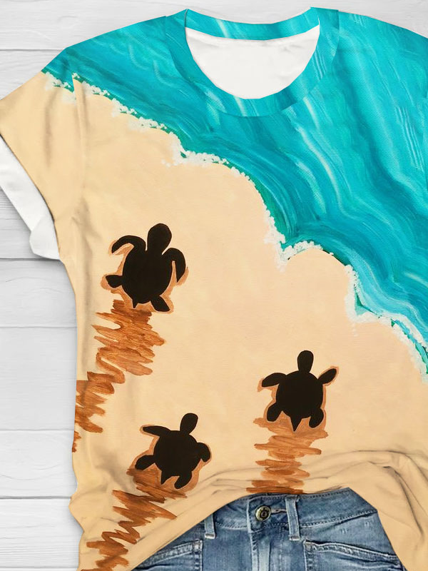 Strand Schildkröte Print Rundhals Lässig T-Shirt