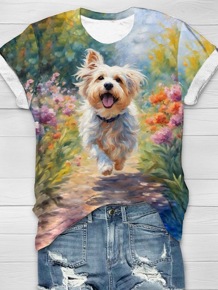 Lässig Hund und Geblümt Weit T-Shirt