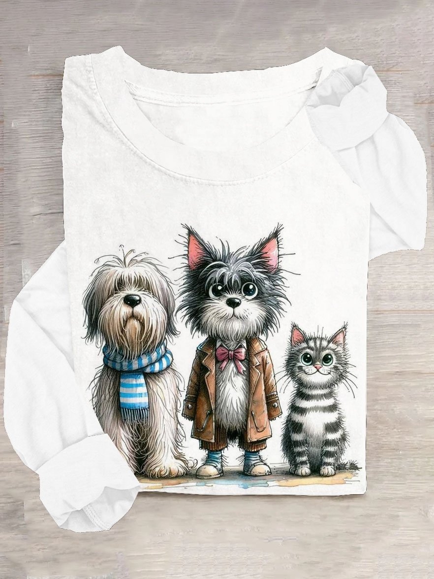 Lustig Katze und Hund Print Lässig T-Shirt