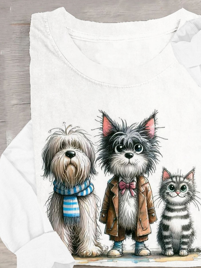 Lustig Katze und Hund Print Lässig T-Shirt