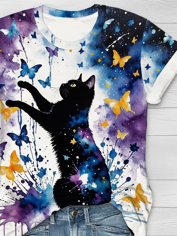 Lustig Katze Schmetterling Print Lässig T-Shirt