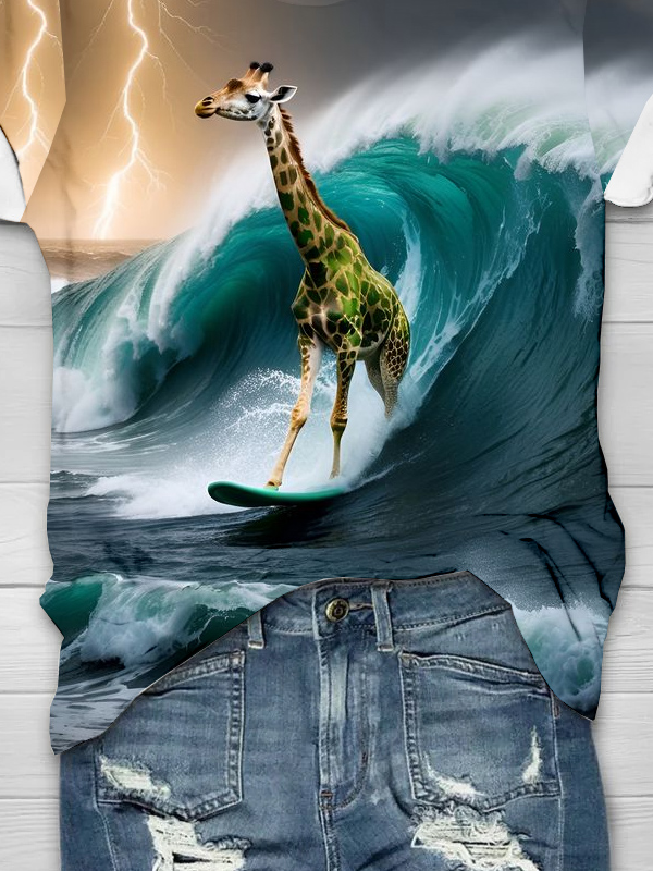 Rundhals Jersey Meer Giraffe Lässig T-Shirt