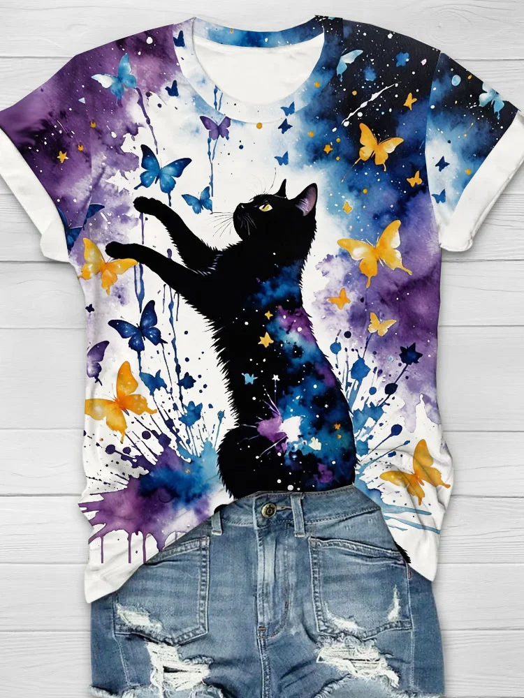 Lustig Katze Schmetterling Print Lässig T-Shirt