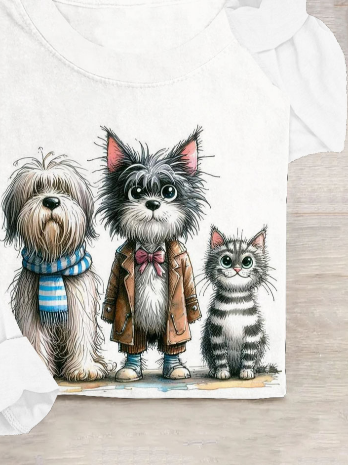 Lustig Katze und Hund Print Lässig T-Shirt