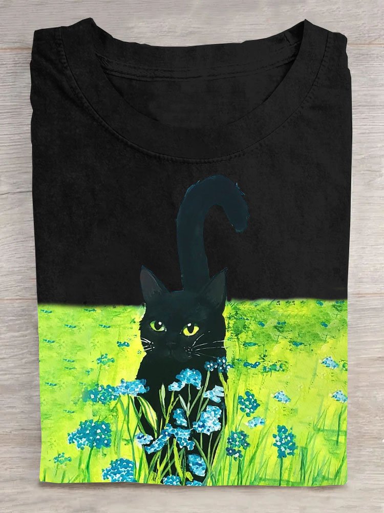 Geblümt Katze Print Kurzarm Lässig T-Shirt