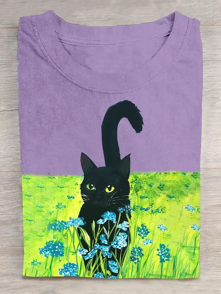 Geblümt Katze Print Kurzarm Lässig T-Shirt