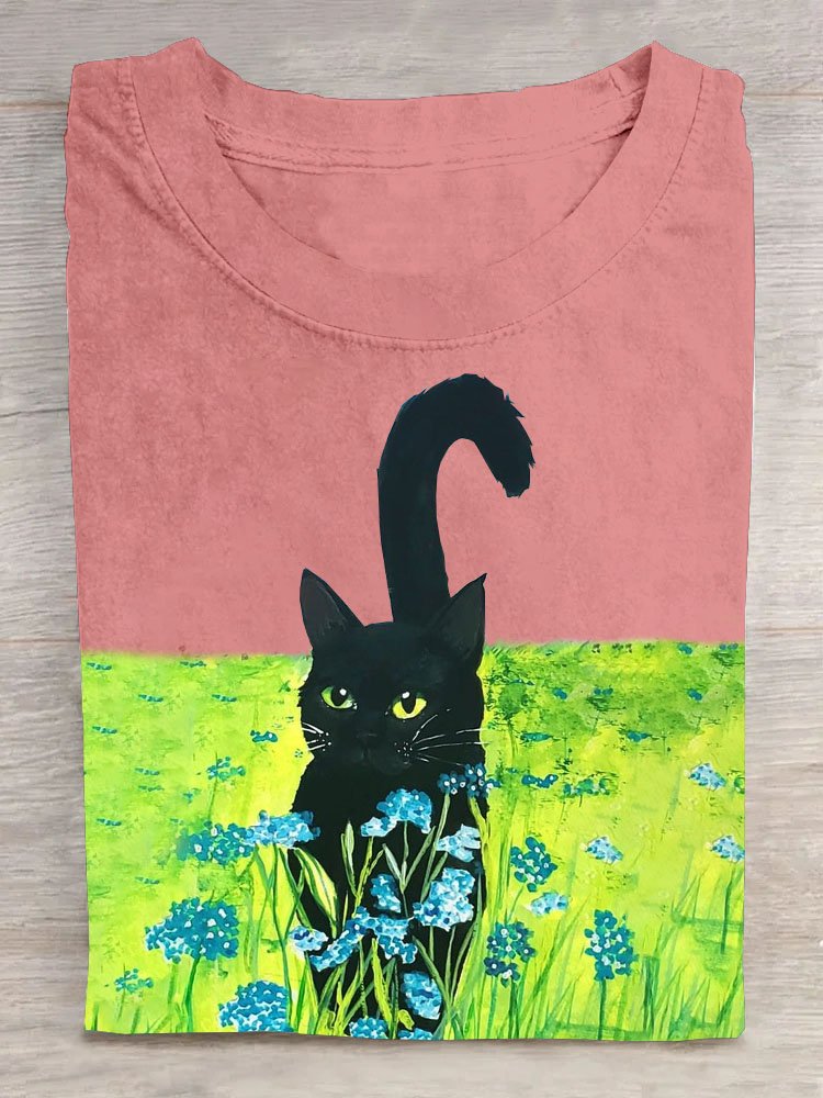 Geblümt Katze Print Kurzarm Lässig T-Shirt