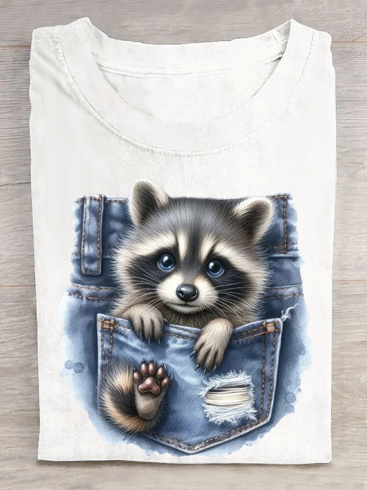 Lustig Tasche Waschbär Print Kurzarm Lässig T-Shirt