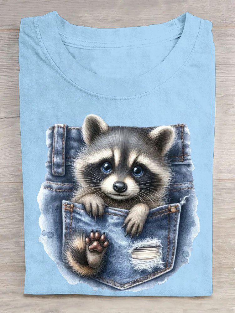 Lustig Tasche Waschbär Print Kurzarm Lässig T-Shirt