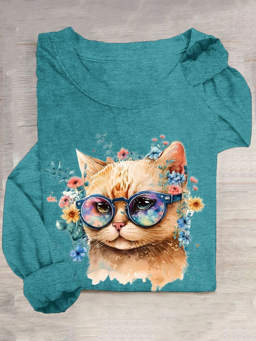 Geblümt Katze Print Lässig T-Shirt