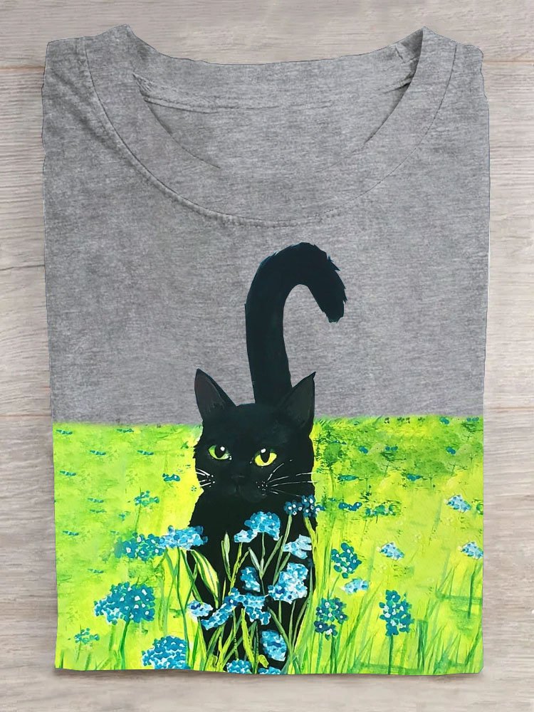 Geblümt Katze Print Kurzarm Lässig T-Shirt