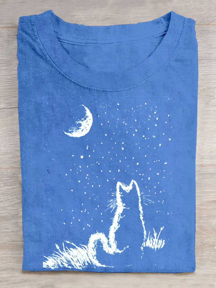 Nacht- Szene Katze Print Kurz Ärmeln Lässig T-Shirt