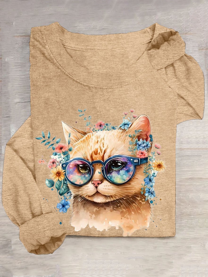 Geblümt Katze Print Lässig T-Shirt