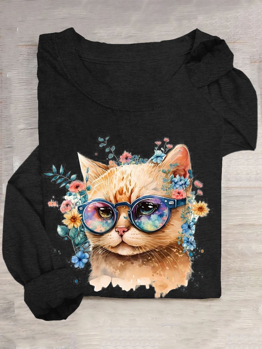 Geblümt Katze Print Lässig T-Shirt