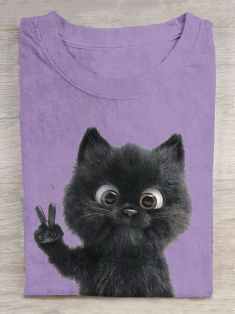 Weit Lässig Rundhals Katze T-Shirt