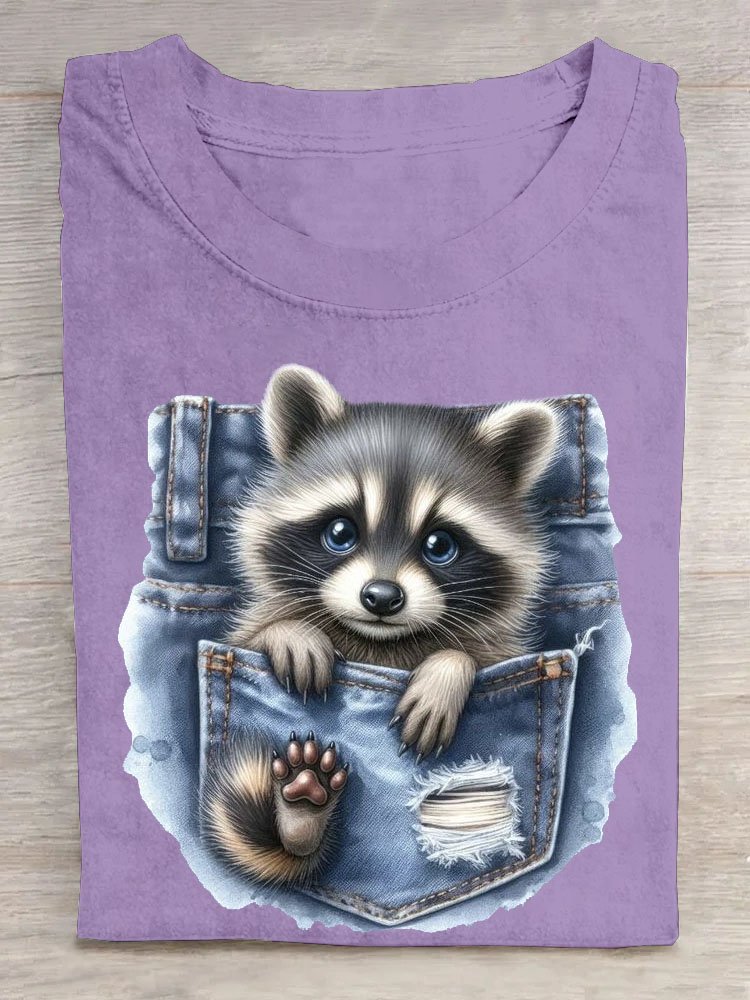 Lustig Tasche Waschbär Print Kurzarm Lässig T-Shirt