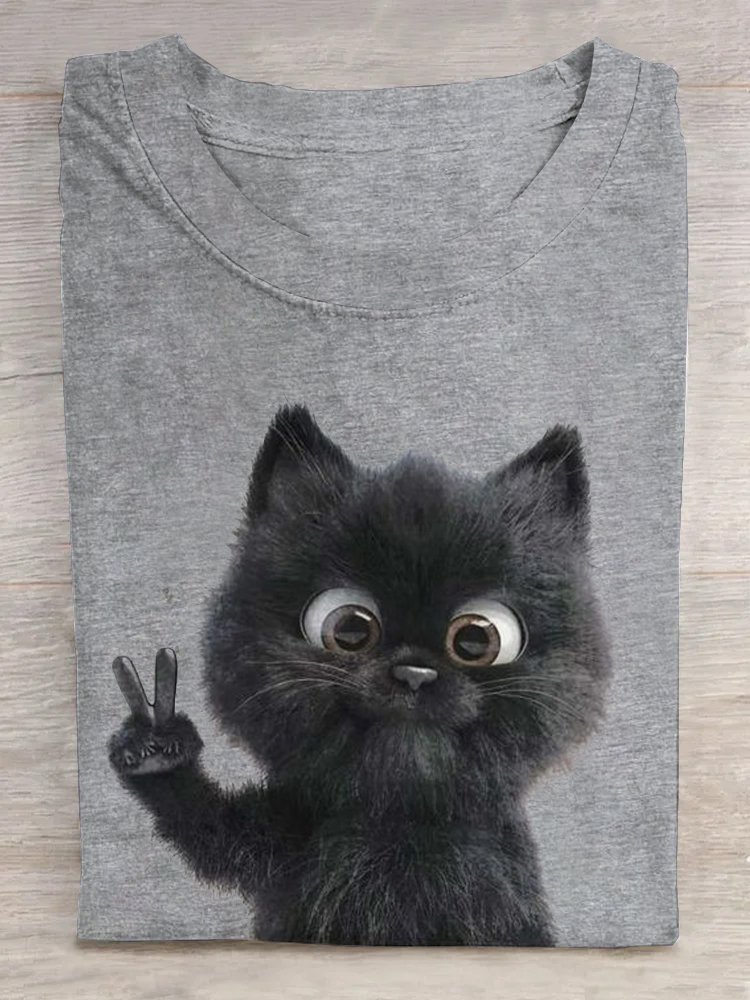 Weit Lässig Rundhals Katze T-Shirt