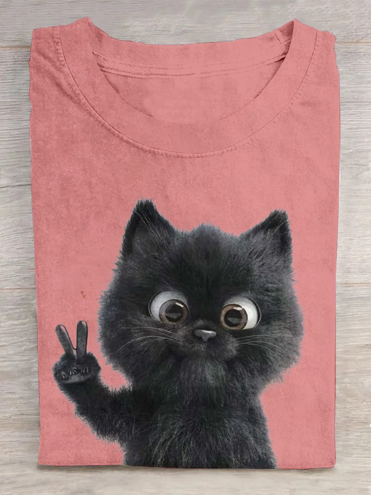 Weit Lässig Rundhals Katze T-Shirt