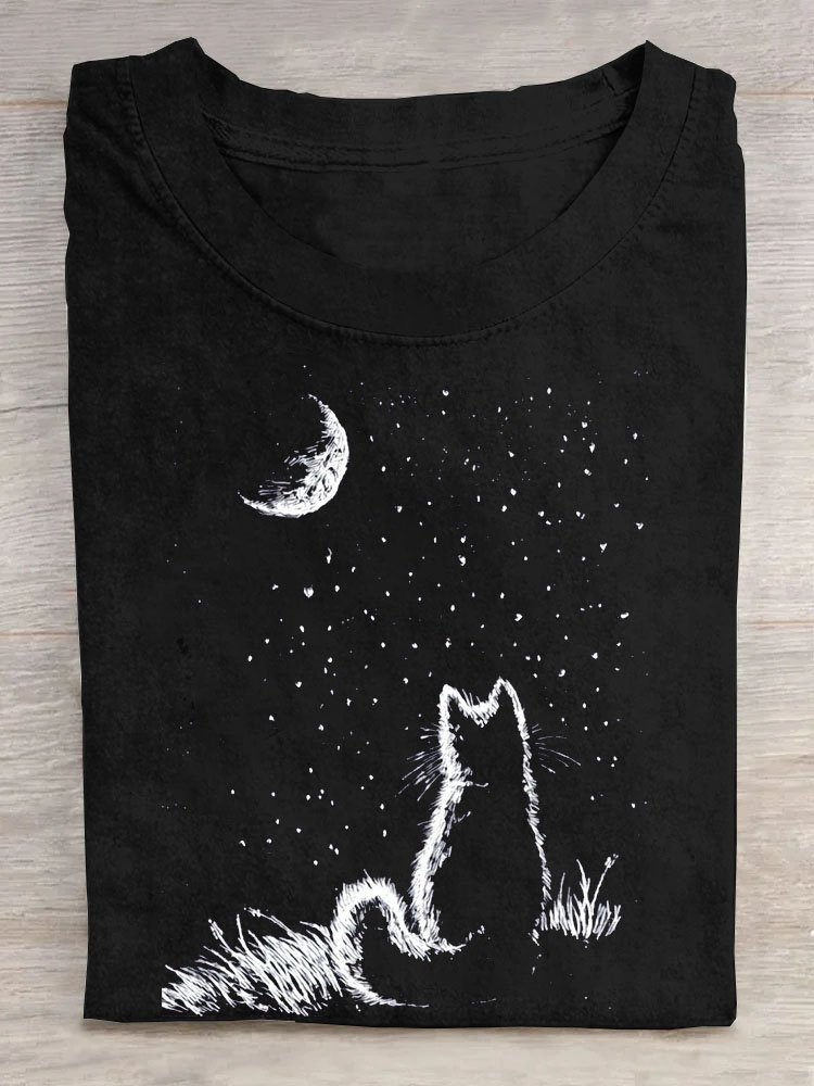 Nacht- Szene Katze Print Kurz Ärmeln Lässig T-Shirt