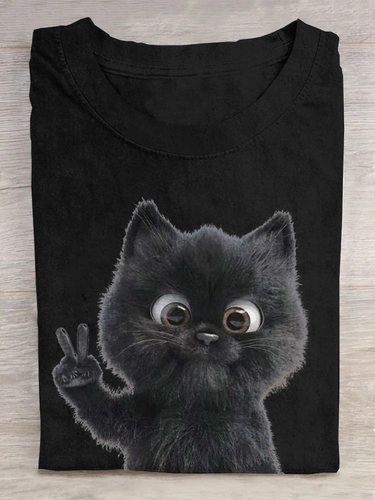 Weit Lässig Rundhals Katze T-Shirt